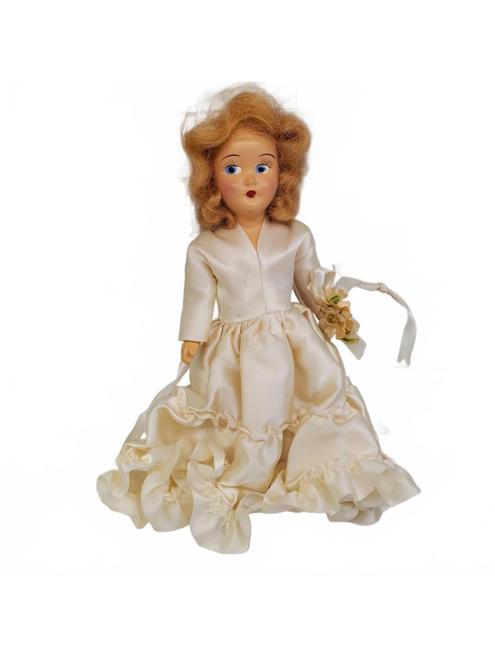 Vintage Bride Doll Ivory Satin Wedding Dress Bouquet Bisque Porcelain 1940s 8"
